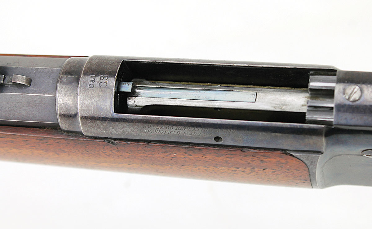 Visible here is the Bullard’s outward resemblance to Winchester’s 1873 action. Bullard added a hole in the left receiver wall to easily drive out the extractor’s retaining pin. “Cal 38” refers to the 38-45 Bullard cartridge.